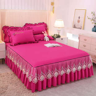 三件款 保护套裙单件韩蕾丝床式 床罩 公主风防滑磨毛刺绣版 纯色式