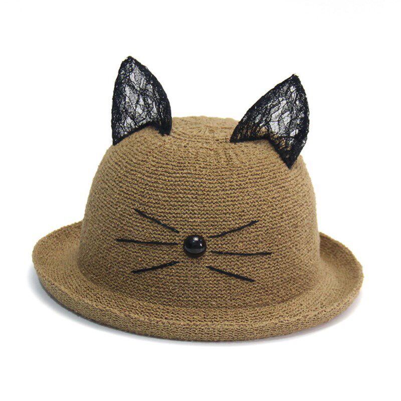 亲子帽子母子夏天透气蕾丝猫咪耳朵草帽韩版宝宝遮阳帽女童太阳帽