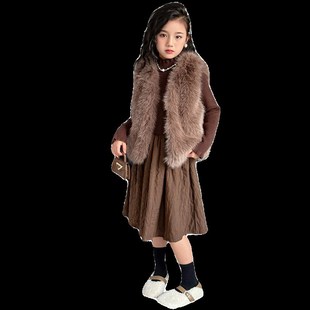 女童裙子套装 2023新款 小女孩洋派毛衣洋装 皮草背心两件套 秋冬款