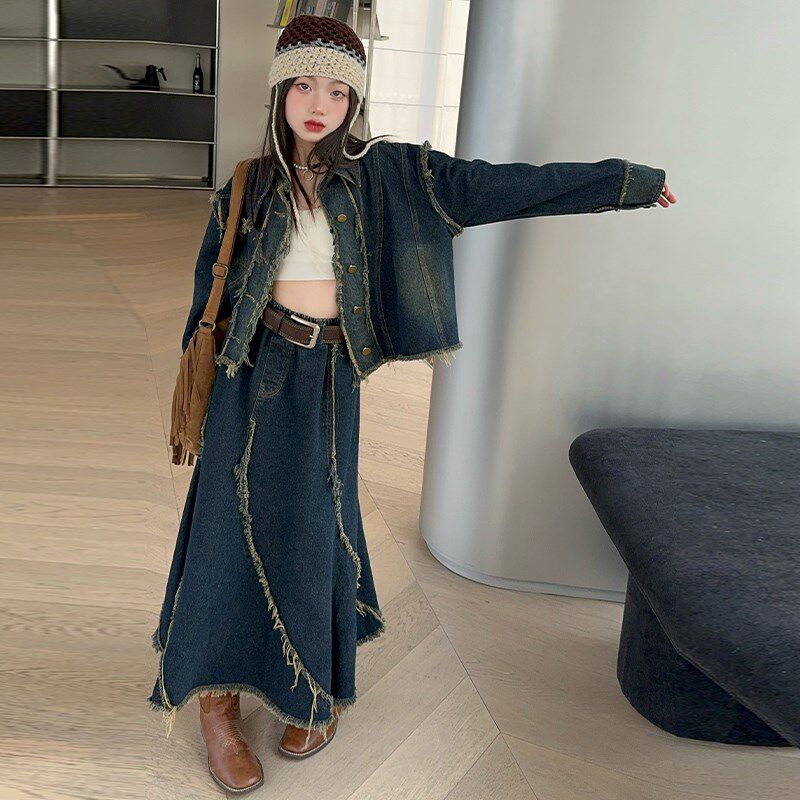 女童春秋连衣裙2024新款洋w气儿童牛仔外套长裙套装女大童春装裙