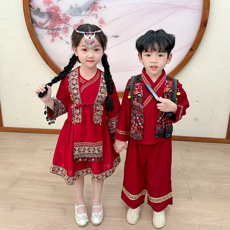 新品古风汉服女童少数民族风服装儿童异域风情壮族演出服男孩苗族
