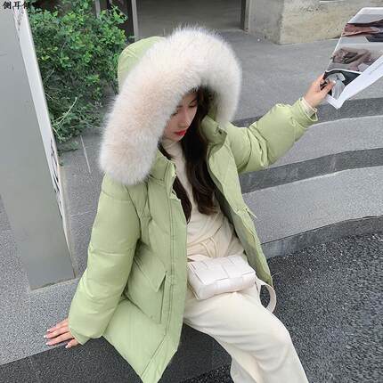 大口袋大毛领连帽羽绒棉服女2024年冬季韩版绿色短款棉衣宽松外套