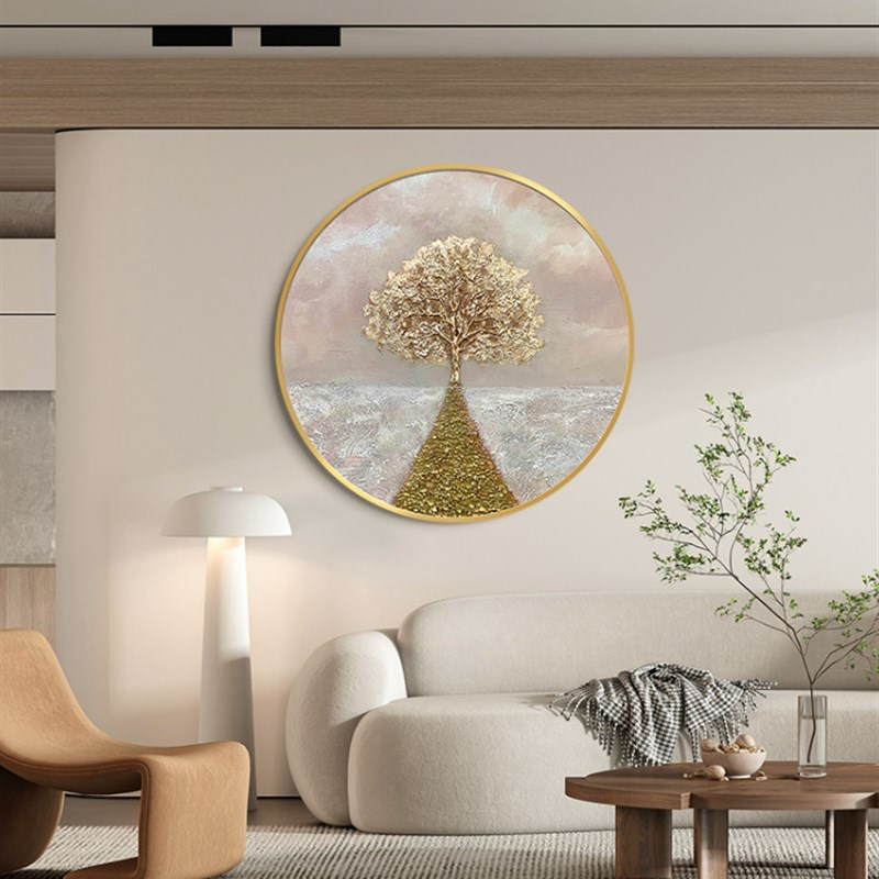 纯手绘油画圆框金色发财树立体肌理画现代简约圆形装饰画餐厅客厅图片