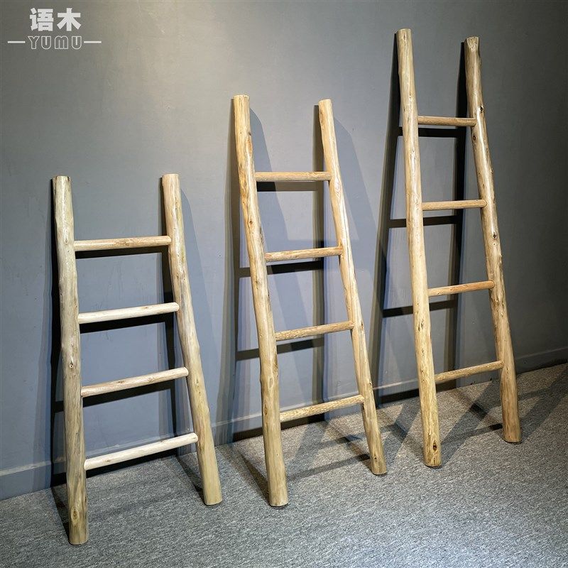 现货梯子 家用拍照道具原木爬梯靠墙楼梯置物架装饰复古摆件直梯
