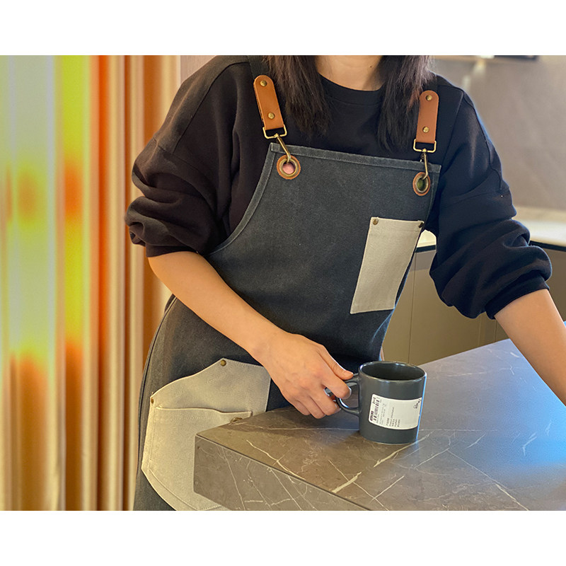美式帆布围裙定制logo美甲园艺奶茶店理发师罩衣军绿色工作服女