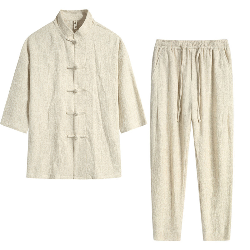 唐装套装男夏季棉麻七分袖衬衫男宽松立领中P袖亚麻上衣中式衬衫,男装,唐装,淘宝优惠券,粉丝福利购,淘宝优惠卷