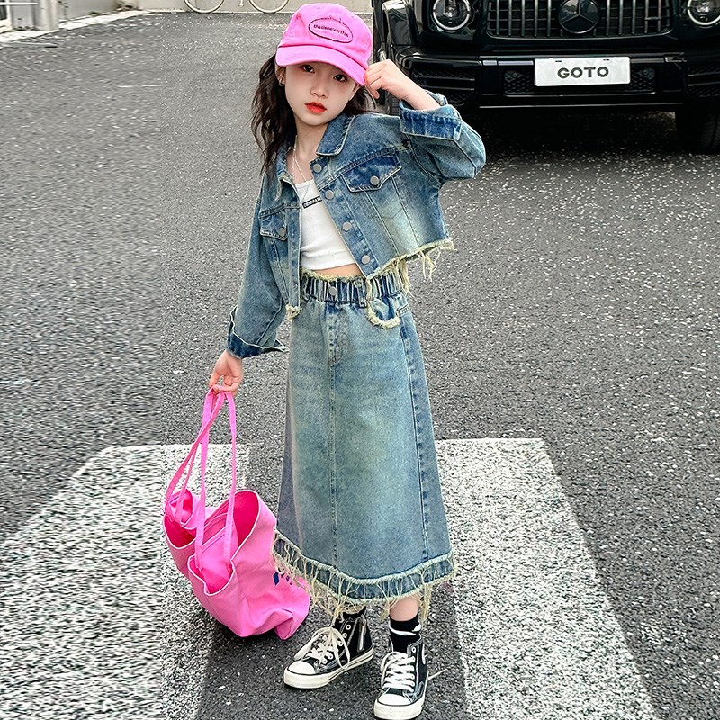 新品女童牛仔套装裙2024新款z韩版网红洋气时髦儿童春装外套松紧