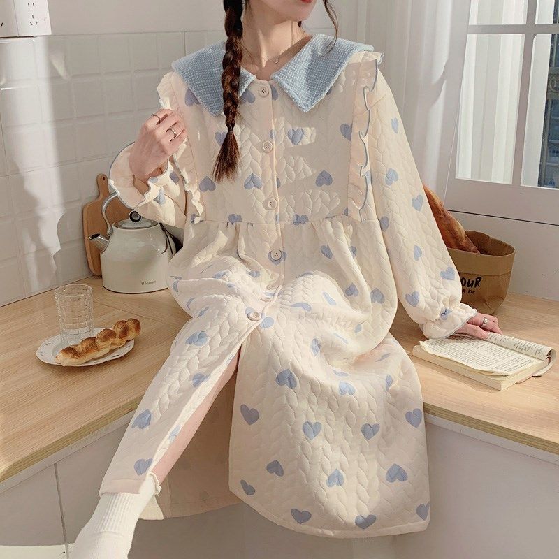 孕妇产房睡裙冬季加厚空气棉睡袍产后哺乳月子服连衣裙冬天待产裙