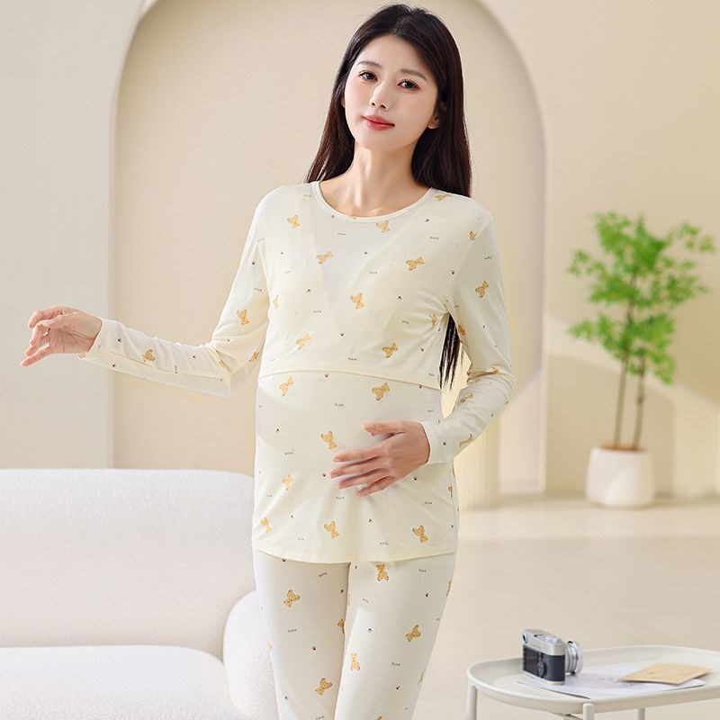 带胸垫孕妇秋衣秋裤套装纯棉月子服夏季产后薄款产妇哺乳孕妇睡衣