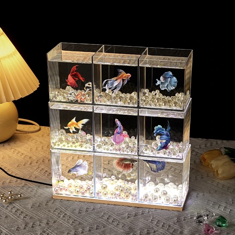 新品小型c发光斗鱼缸桌面微景观客厅办公室迷你水族箱带灯超白塑