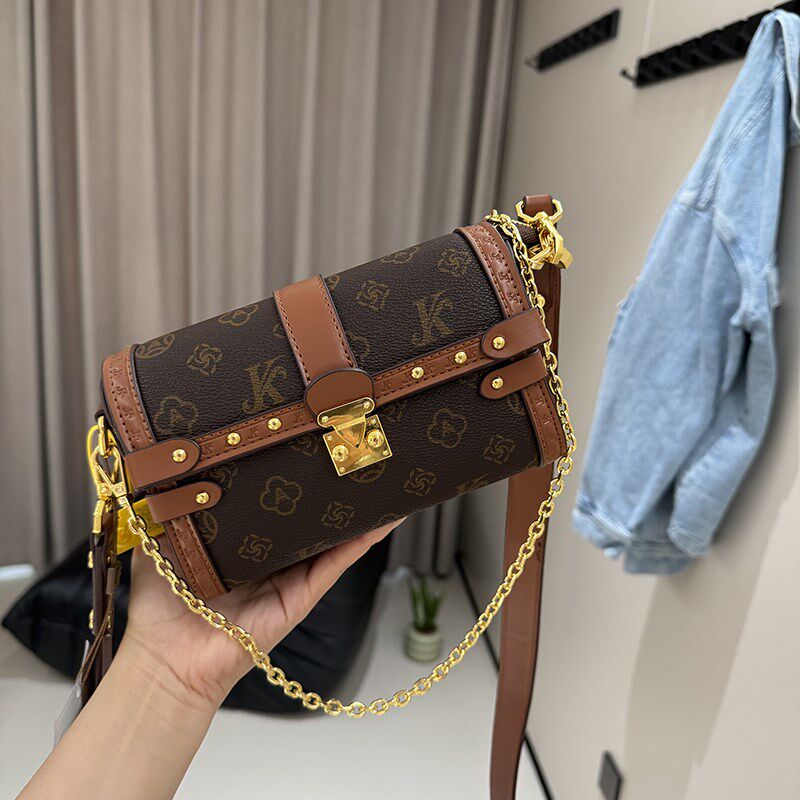 高质感小包包女2024新款秋冬笔筒包宽肩带老花百搭圆筒包斜挎小包