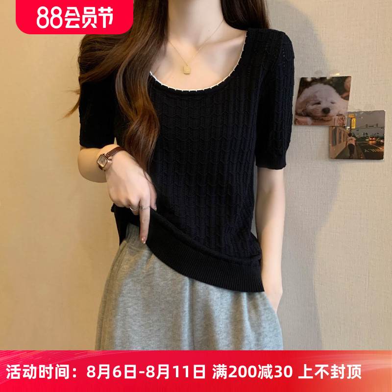 大码女装遮肚子U领冰丝短袖针织衫女夏季胖妹妹洋气显瘦镂空上衣