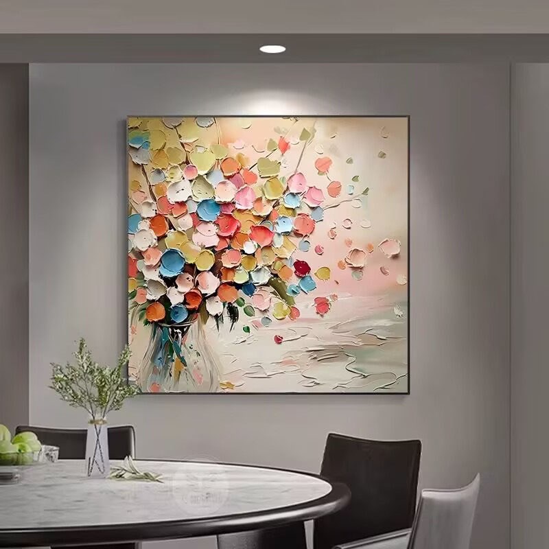 手绘油画花卉餐厅装饰画正方形立体手工肌理画客厅背景墙抽象挂画图片