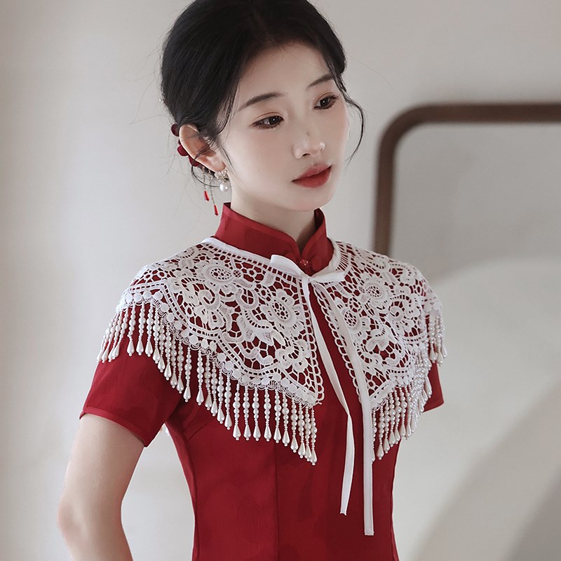 红色旗袍新娘结婚披肩夏季流苏斗篷敬酒服高级订婚礼服女外搭披风