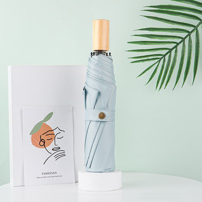 简约复古木手柄黑k胶纯色遮阳伞三折叠太阳伞雨伞男女定制logo广