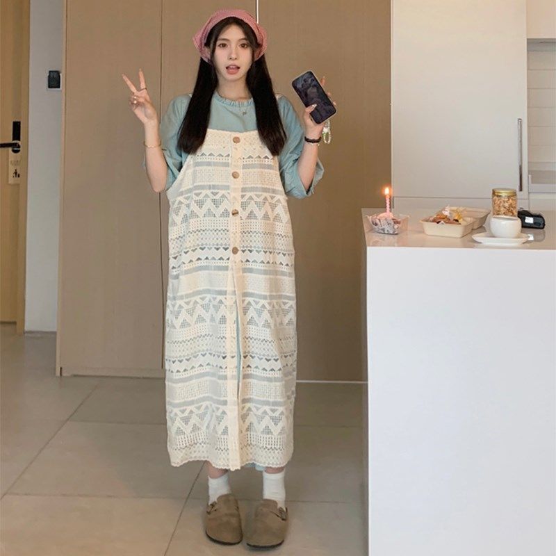 大码女装2024夏胖mm韩版木耳领连衣裙+蕾丝吊带罩衫裙叠穿两件套
