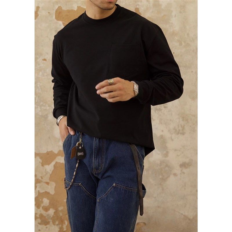 柴米380g宽松落肩重磅长袖T恤男白色小领口打底衫美式咔叽