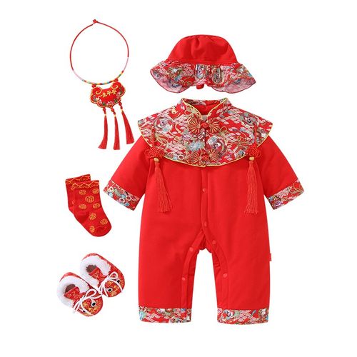 宝宝满月连体衣百天抓周衣服婴儿男童中国风女童冬U款喜庆周岁唐