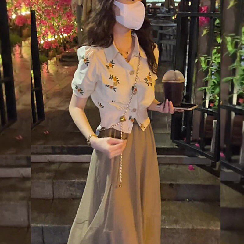 欧洲站2023夏季新款港风复古高级感套装裙洋气减龄半身裙两件套女