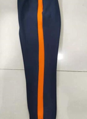 订做中小学生男女校服长裤深藏蓝色拼橘色宽杠运动休闲校裤