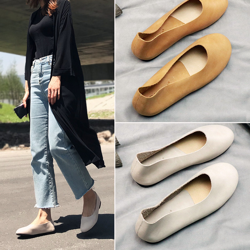 潮牌简约复古浅口单鞋女2022夏季新款平底真皮软底孕妇百搭奶奶鞋