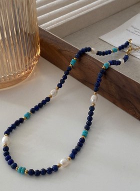 天然石珍珠项链女复古叠戴schocker毛衣链高级感串珠青金石锁骨链