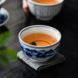 青花茶杯主人杯单杯心经品茗杯家用功夫个人杯陶瓷茶盏复古喝茶碗