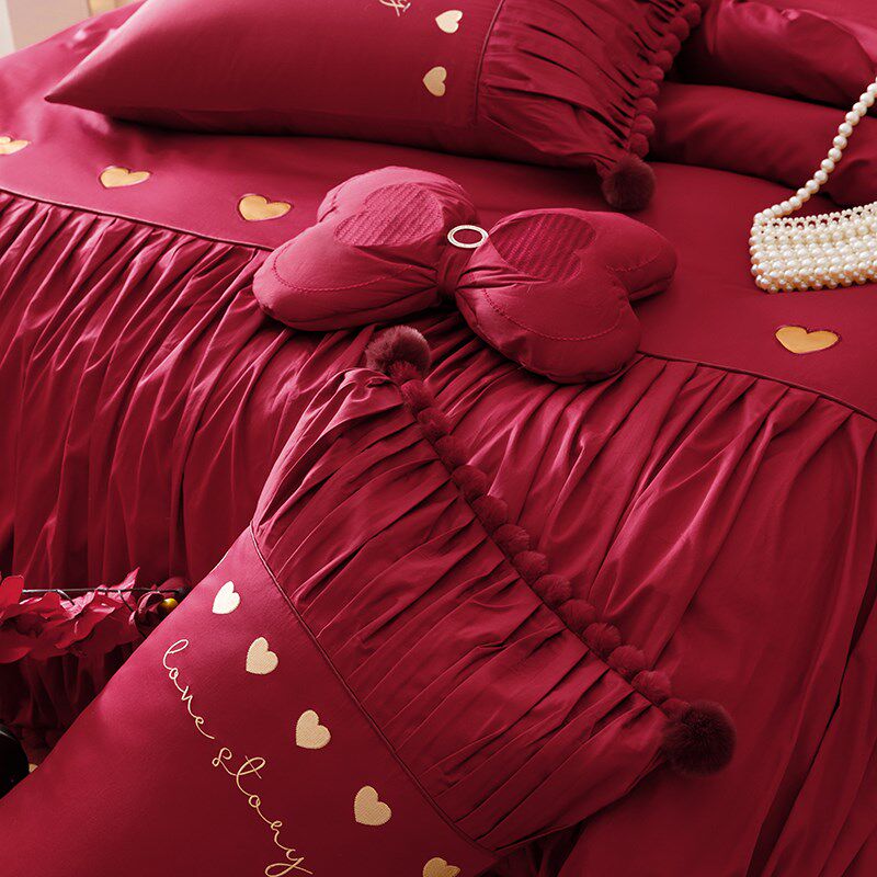 韩式少女心婚庆全棉四件套结婚床上用品大红色新婚床单喜被套,床上用品,婚庆床品套件,淘宝优惠券,粉丝福利购,淘宝优惠卷
