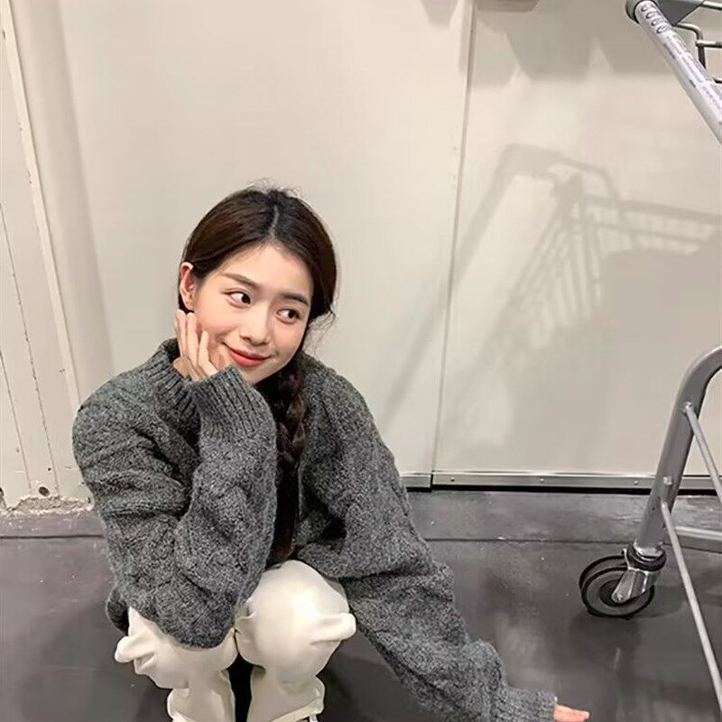 加厚版!慵懒风灰色麻花圆领套头毛衣女春秋新款韩版宽松学生针织