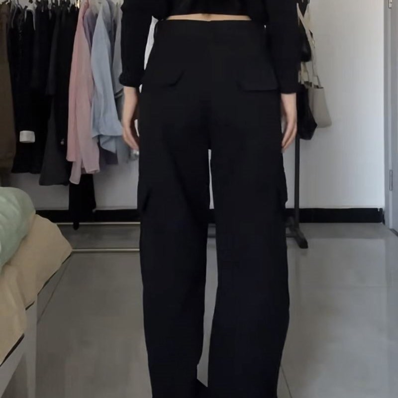 大码黑色a高街休闲工装裤女秋季高腰显瘦直筒裤宽松阔腿拖地裤子