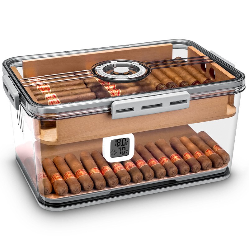 茄龙乐扣雪茄盒密封养护s雪茄保湿盒内置雪茄湿度计雪松木片木层