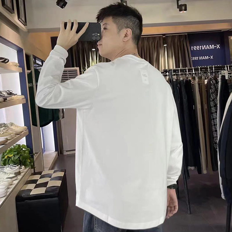 重磅长袖t恤男纯棉厚宽松白色春秋季内搭卫衣圆领圆弧下摆打底衫