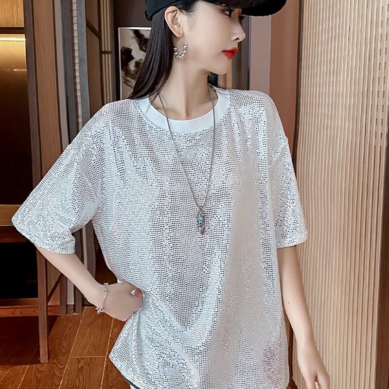 潮牌亮片闪闪短袖白色t恤女夏季韩版新款宽松中长款小众独特上衣