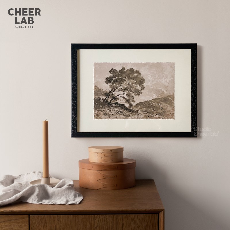 文艺树木水墨风景画磨毛边画芯复古小众装饰画实木客厅中古挂画图片