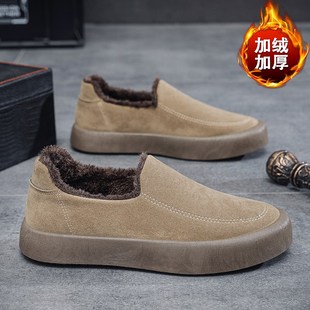 2024新款秋冬季男鞋加绒保暖棉鞋男款一脚蹬懒人套脚平底休闲鞋子