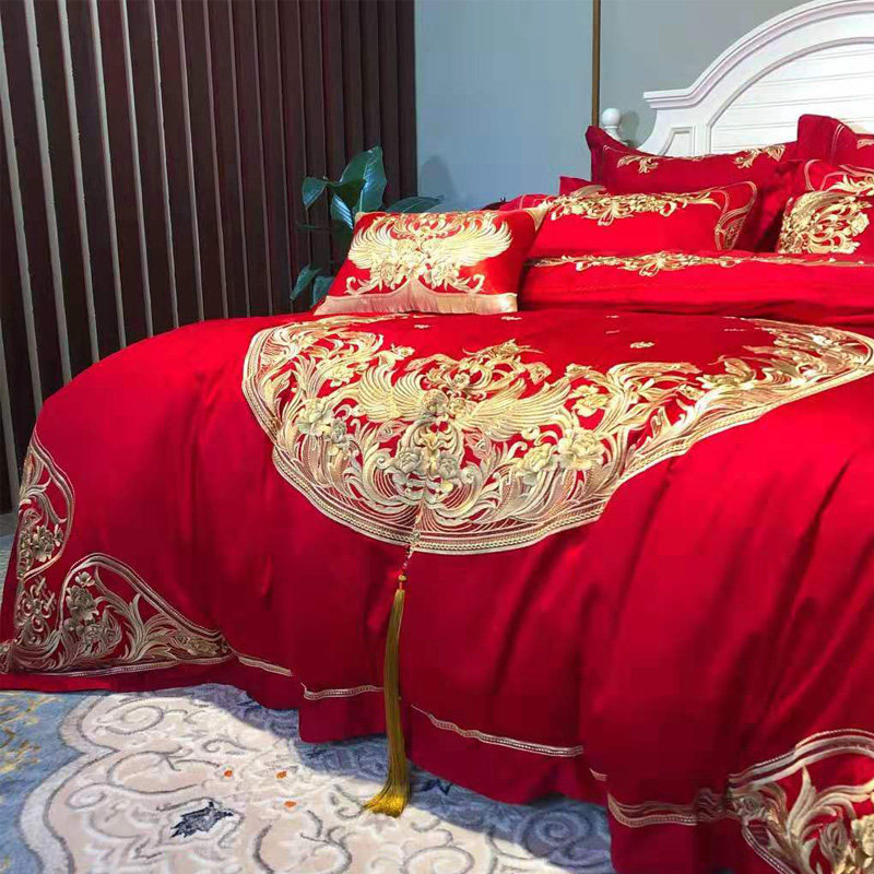婚庆四件套大红色刺绣新婚床品结婚六八十全棉床上用品4件套,床上用品,婚庆床品套件,淘宝优惠券,粉丝福利购,淘宝优惠卷