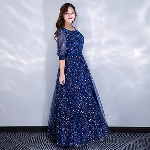 大码胖mm晚礼服加肥年会主持表演宴会气质显瘦礼服裙星空女2023新