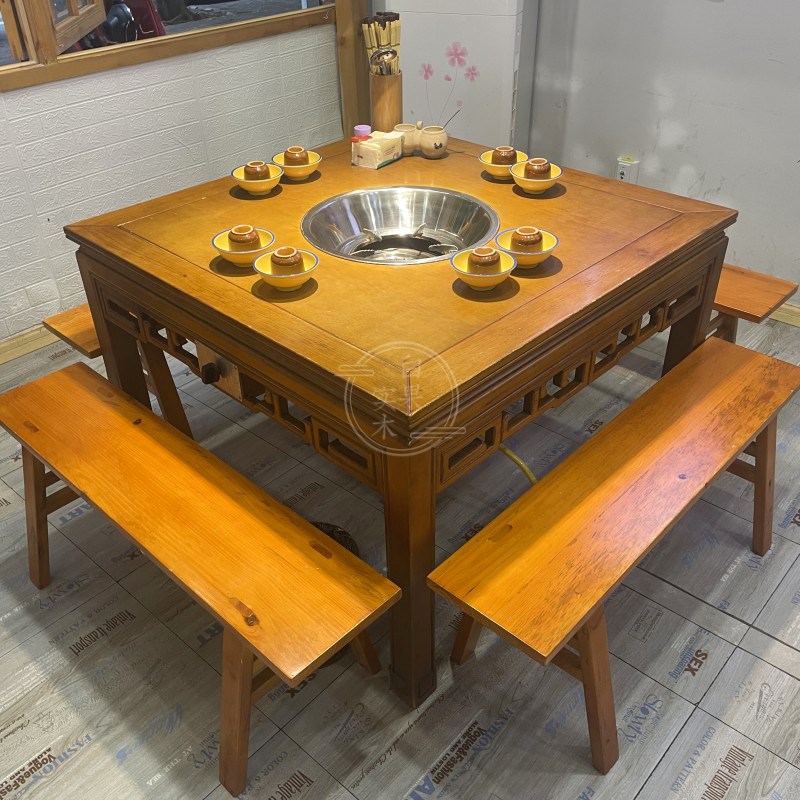 实木大理石电磁炉一体火锅桌商用串串气灶火锅q圆桌餐桌椅组合定