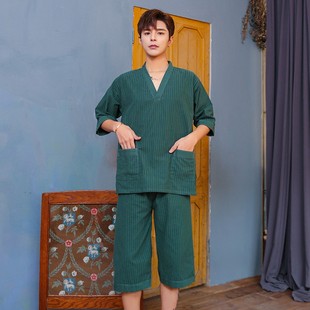 情侣款 长袖 男士 长裤 按摩服桑拿服七分过膝 加长浴服纯棉汗蒸服女款