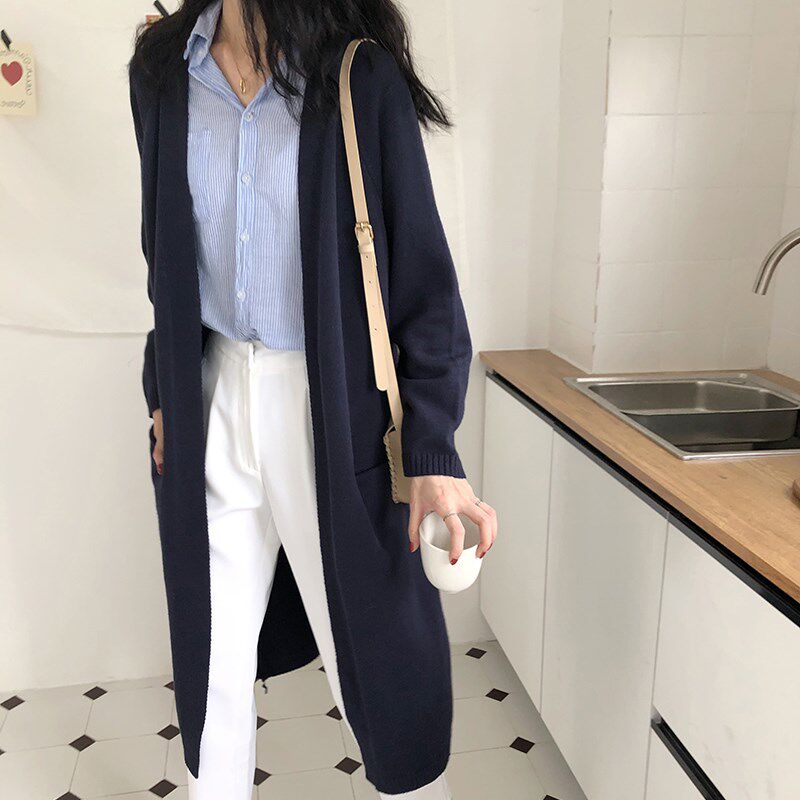 复古宽松慵懒风中长款针织开衫女士秋冬优雅气质过膝加厚毛衣外套