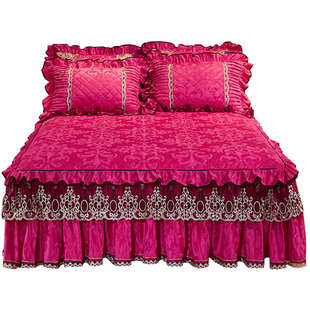 欧式 保护套 床单件夹单双人花边床罩床棉防滑天鹅绒三件套裙冬季