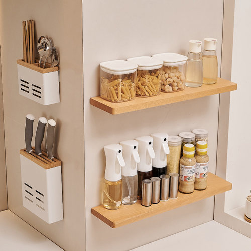 白色厨房置物架榉木调味料油盐罐收纳架子墙上免打孔原木风调料架