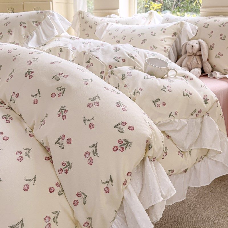 韩版花边四件套全棉裸睡被套床罩公主风法式床上用品床笠床单,床上用品,隔脏床品,淘宝优惠券,粉丝福利购,淘宝优惠卷