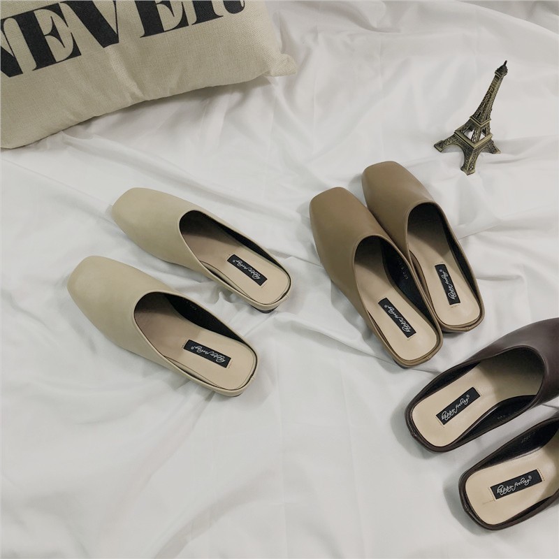 包头大码2021韩国订单简约风方头纯G色中口半拖鞋懒人鞋平底凉拖