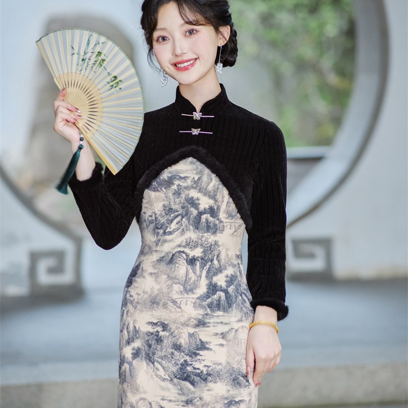 秋冬季新a款长袖拼接撞色短款旗袍日常文艺年轻款洋装少女小个子