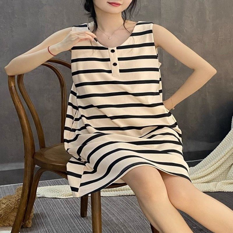 带胸垫一体背心睡裙女夏季纯棉薄款无袖吊带条纹睡衣防凸点家居服,运动/瑜伽/健身/球迷用品,广场舞套装,淘宝优惠券,粉丝福利购,淘宝优惠卷