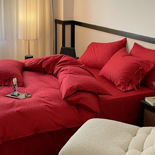 婚庆100s长绒棉纯棉床上四件套高级感提花被套床单全棉大红色床品