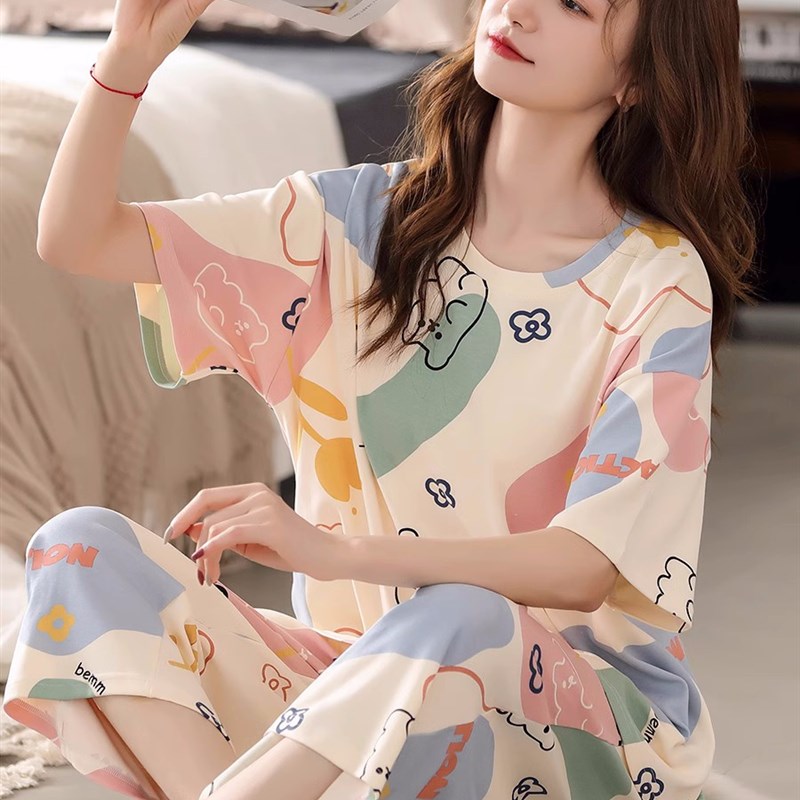 维多利亚睡衣女士夏季纯棉短袖2023年新款卡通薄款可爱家居服套装