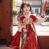 毛绒长款 女童汉服秋冬新款 连衣裙民族风红色半袖 小女孩开学国风