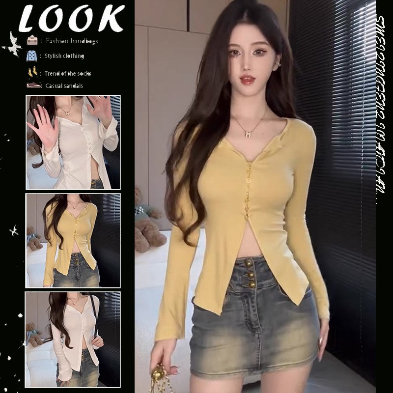 v领修身显瘦长袖t恤女2023秋韩版纯色休闲薄款上衣开叉正肩体恤衫